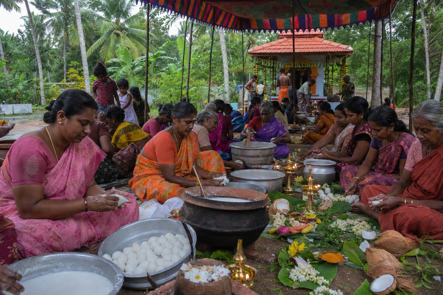 Women and families prepare rice-flour dumplings and millet porridge beside a small temple surrounded by coconut palms near Thazhakudy.
