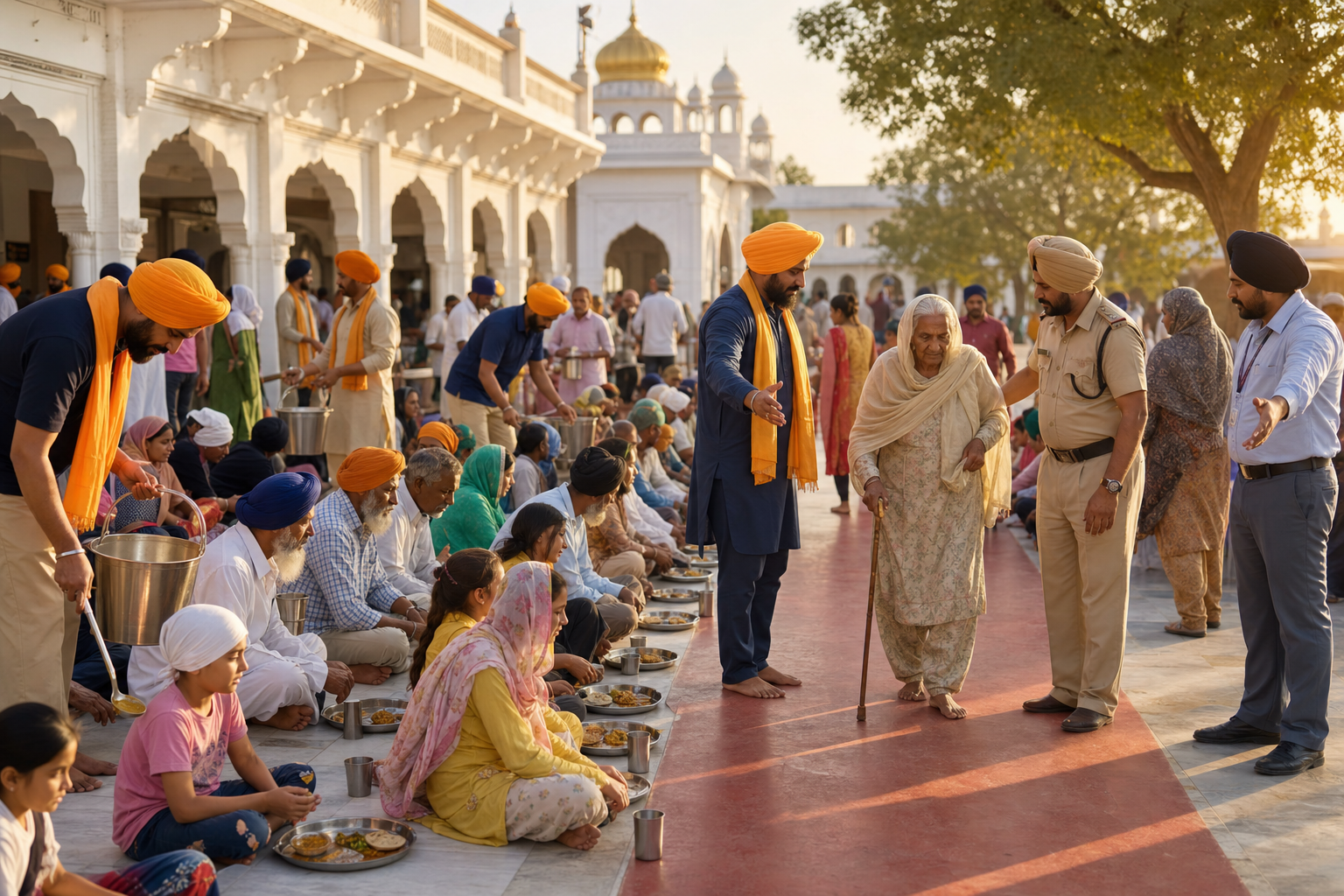 Volunteers serve a communal meal as Sikh organizers and civic personnel assist visitors in a gurdwara courtyard.