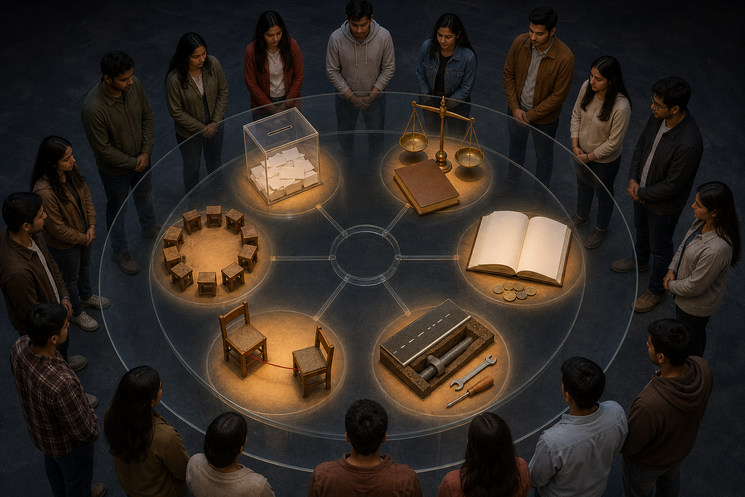 Young observers examine six symbolic accountability stations arranged around a circular table, including a ballot box, scales, ledger, infrastructure model, connected chairs, and listening circle.