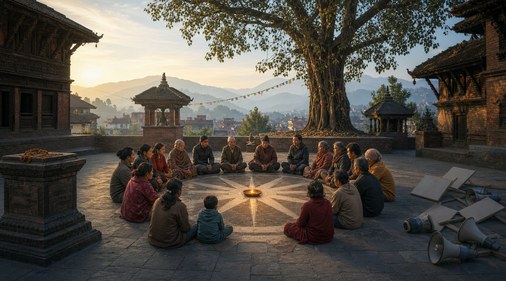 Nepali citizens sit in a circle around an oil lamp between an empty garlanded pedestal and scattered placards and megaphones.