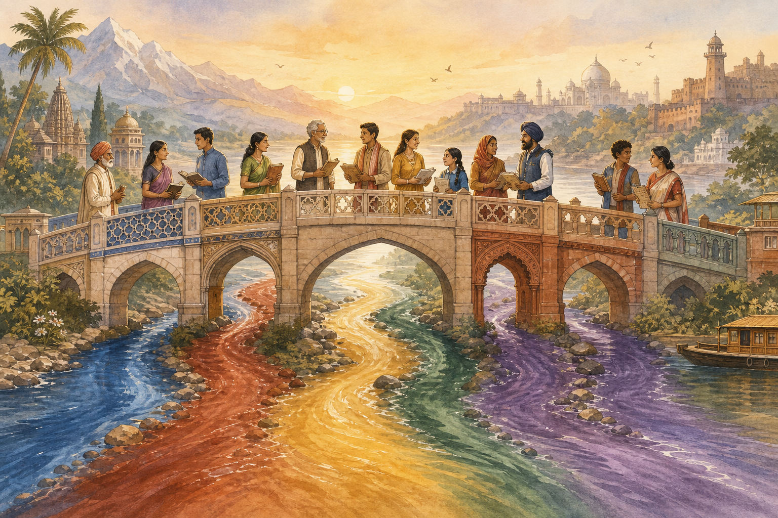People carrying books and manuscripts meet on a stone bridge above several differently colored streams in a varied Indian landscape.