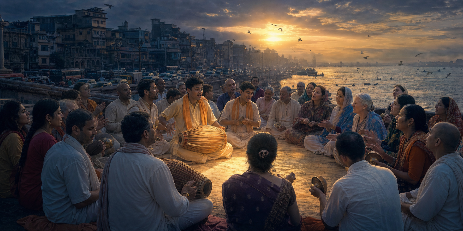 Devotees chant and play drums and hand cymbals in a riverside circle at dawn as a crowded city rises behind them.