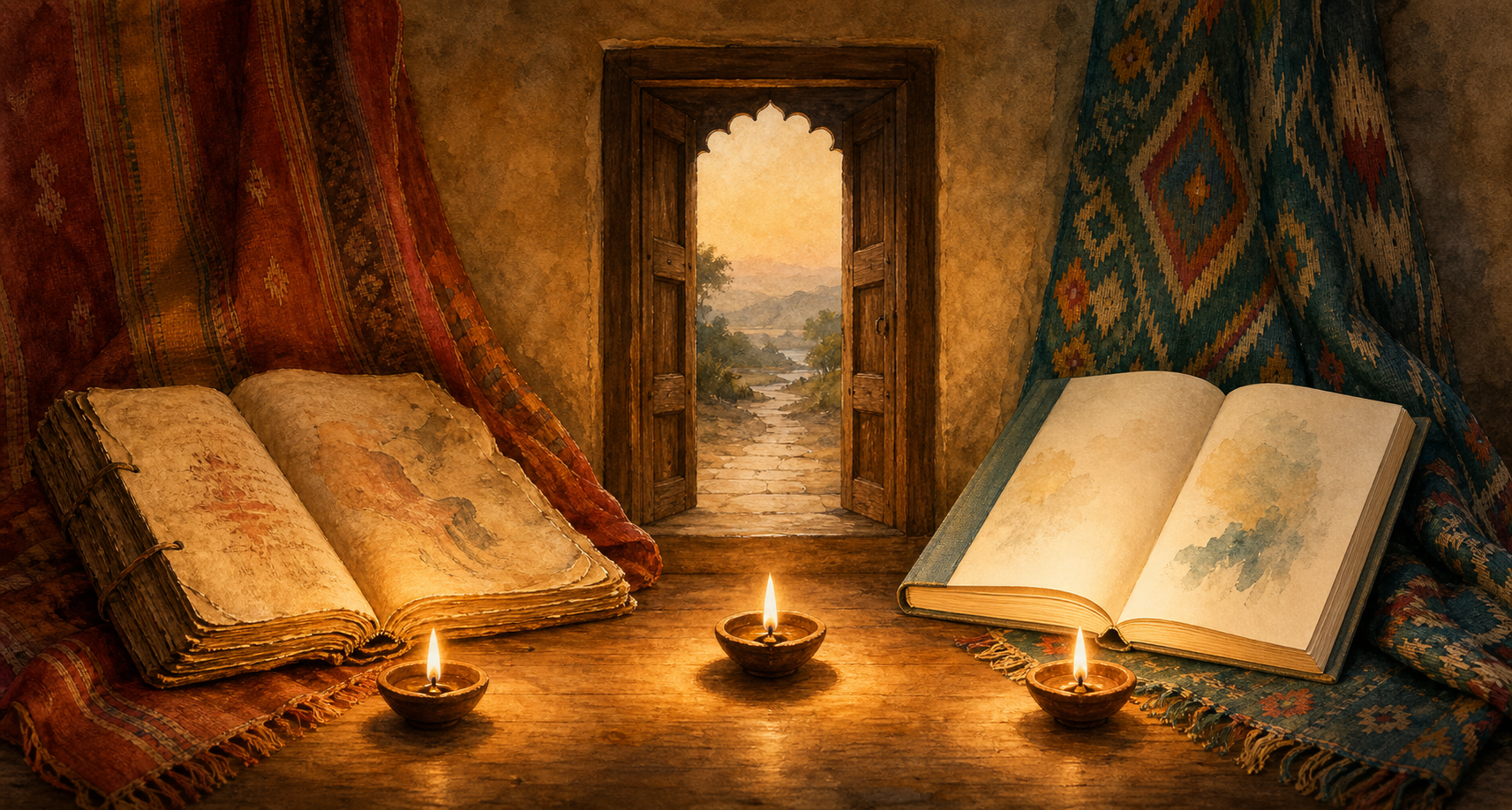 A manuscript, an open doorway, and a modern book are arranged with three oil lamps and different Indian textiles.