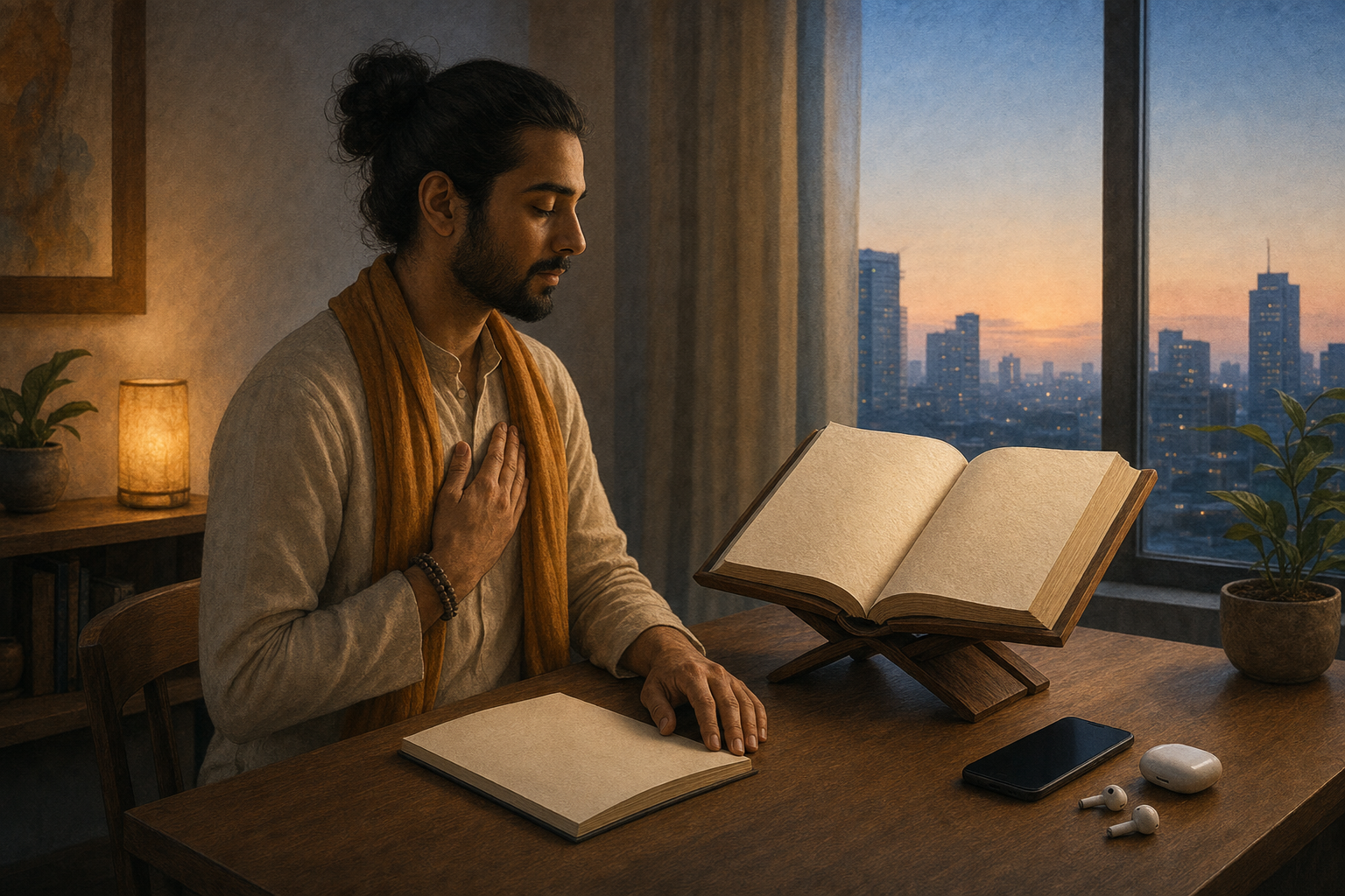 A spiritual practitioner reflects beside an open sacred book, a closed notebook, and unused digital devices at a desk overlooking a city at dawn.
