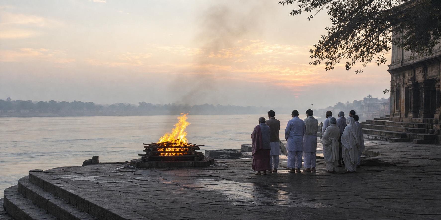 A family stands near a burning wooden cremation pyre beside a river at dawn.