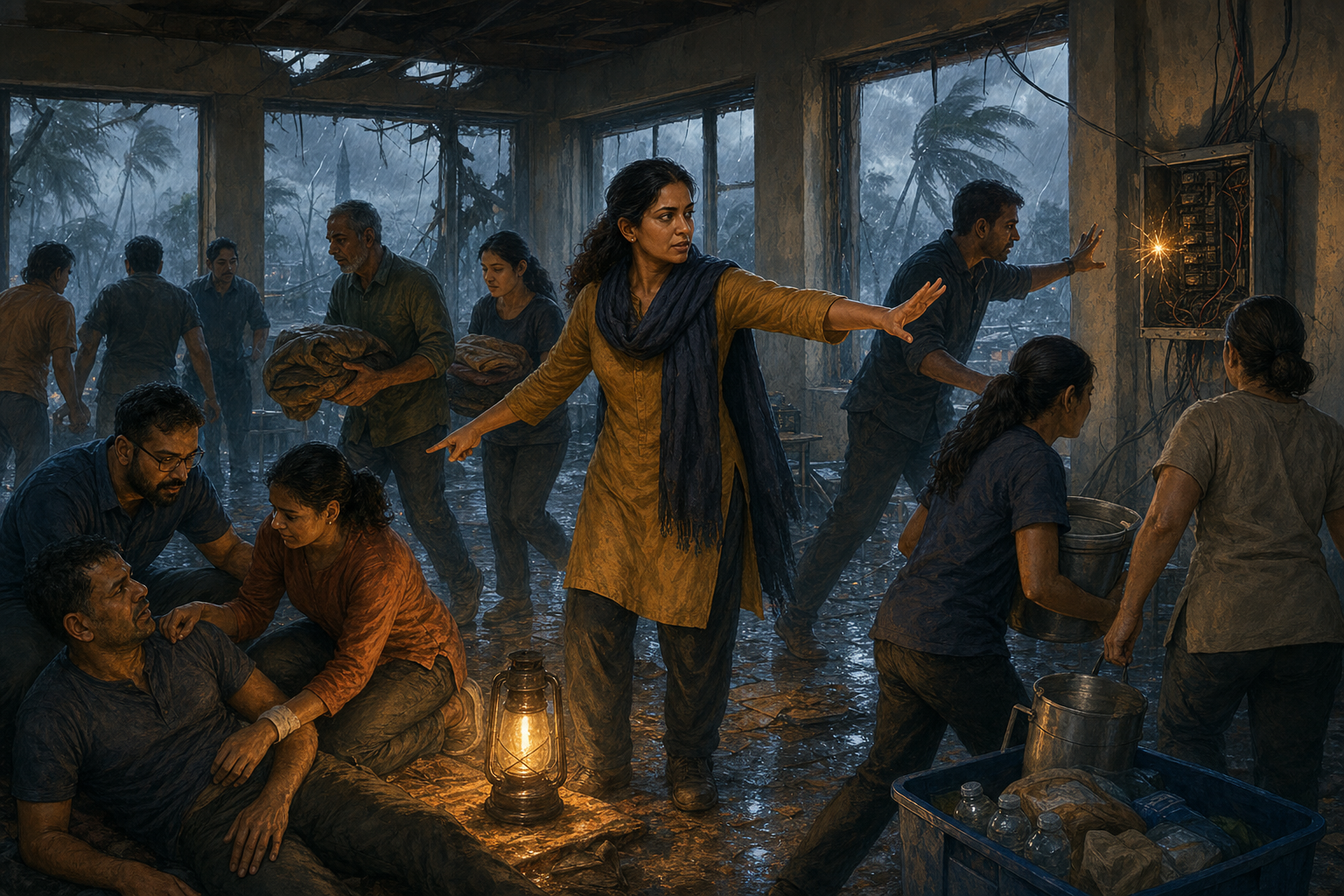 A woman calmly coordinates people inside a storm-damaged community hall while others help an injured person and move away from an electrical hazard.