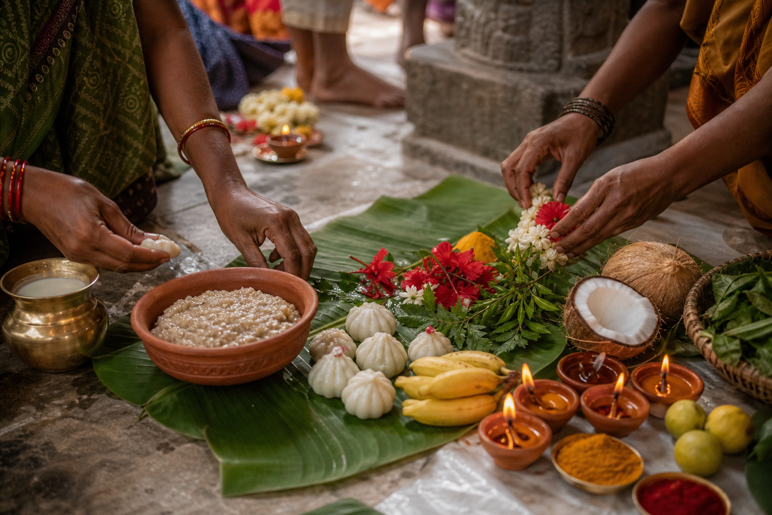 Hands arrange rice-flour dumplings, millet porridge, fruit, flowers, turmeric, kumkum, lamps, lemons and a brass vessel as temple offerings.