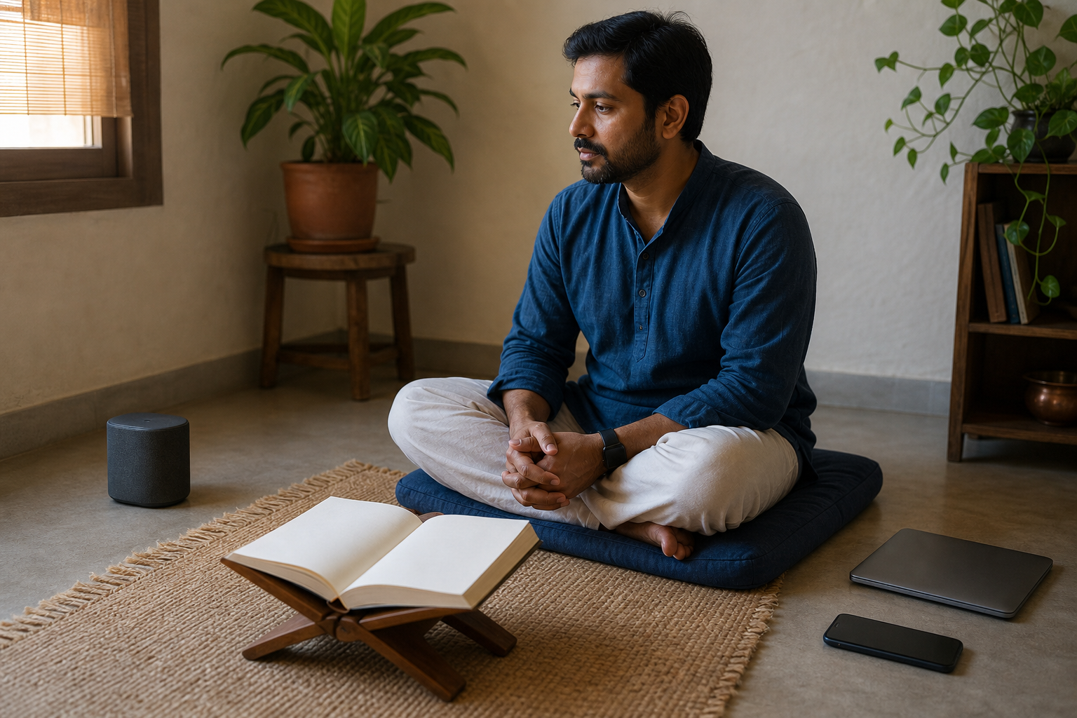 A person listens attentively beside an open sacred book while a closed laptop and facedown phone remain out of reach.
