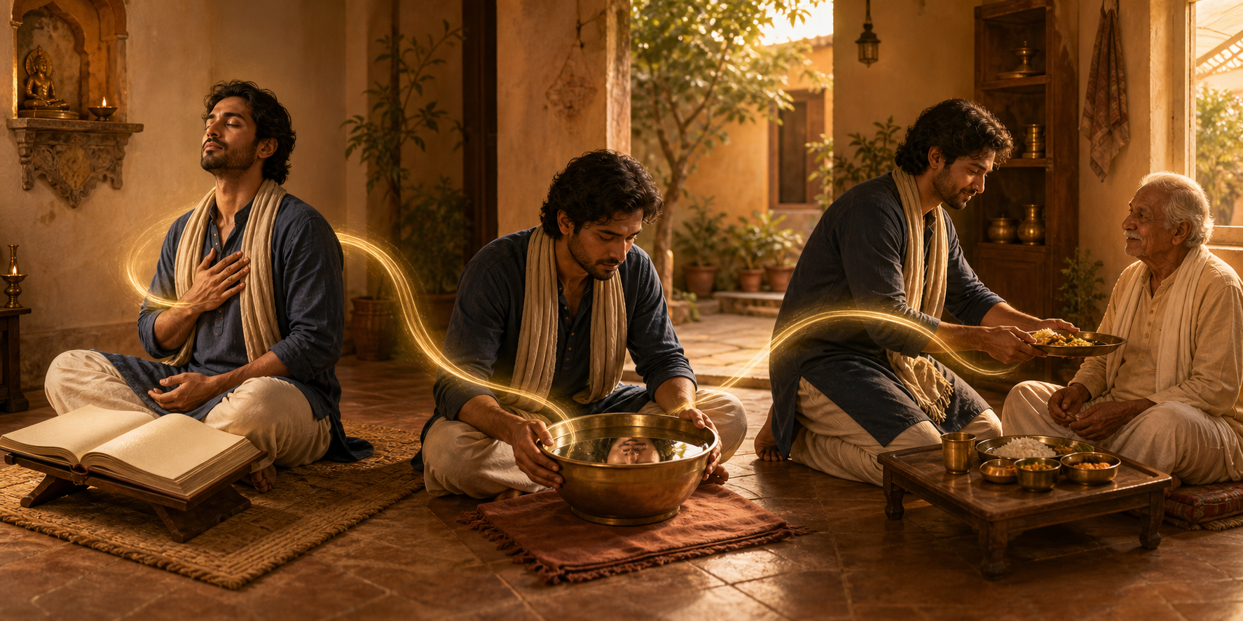 A continuous scene shows a practitioner reading, reflecting in a bowl of water, and serving a meal to an elderly person.