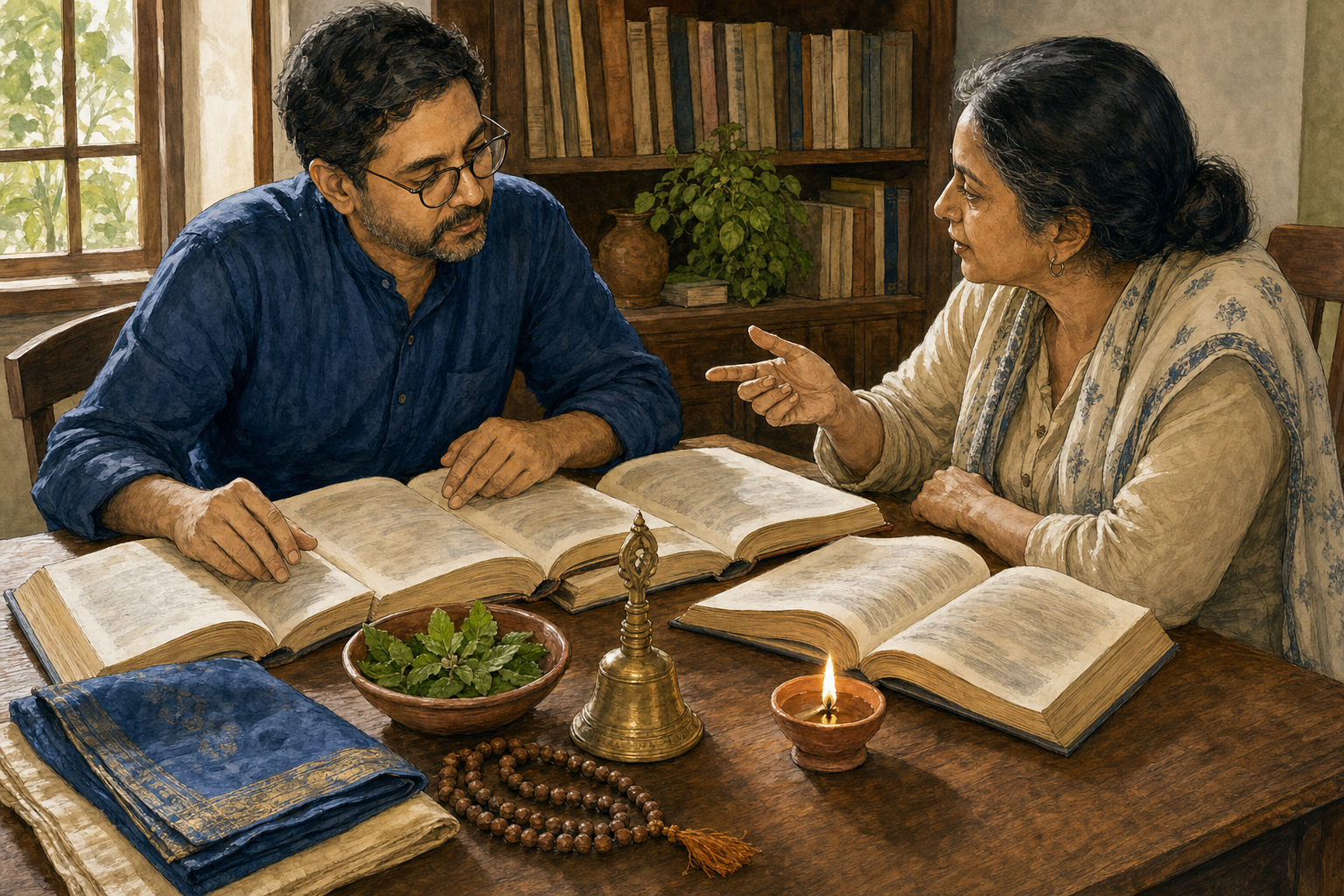 Two people discuss open books at a desk beside a brass bell, clay lamp, prayer beads, basil leaves, and folded cloth.
