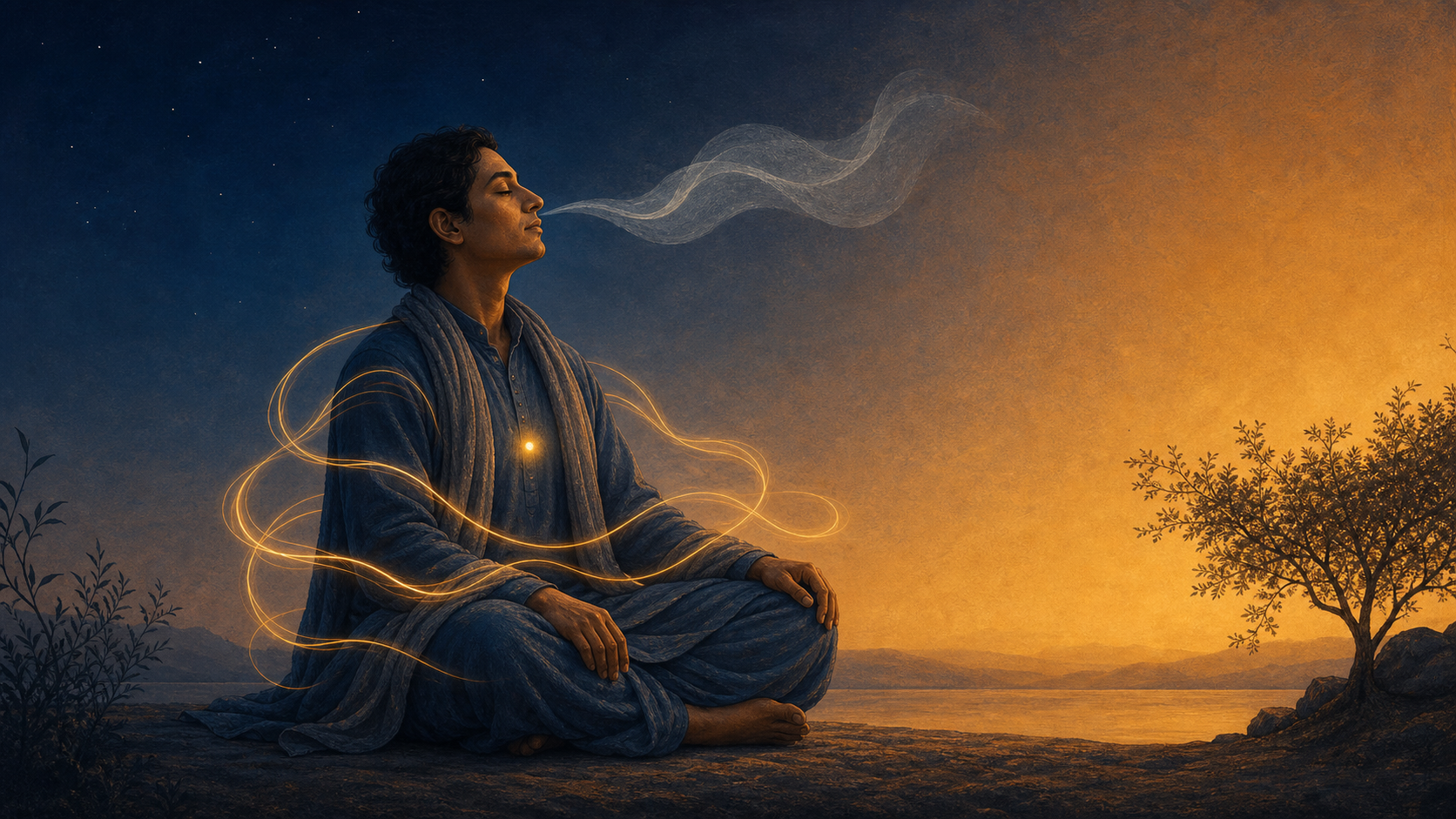 A seated figure with a visible breath plume, flowing light through the body, and a separate glow at the heart.