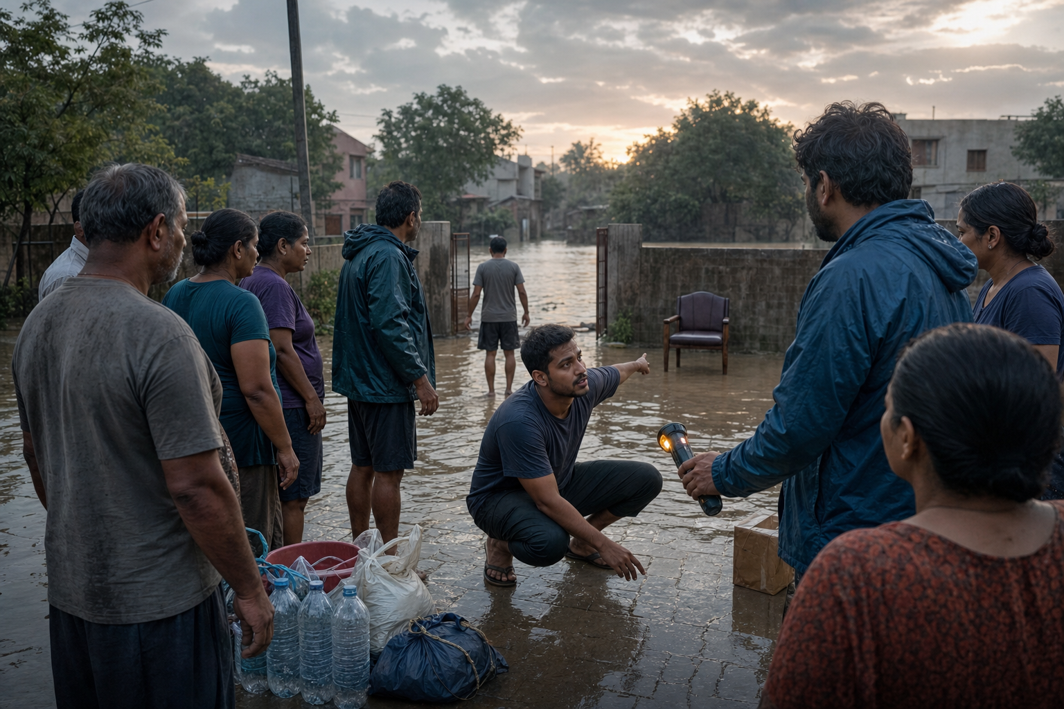 A resident organizes neighbors and points toward a safe route through a flooded courtyard while an empty chair sits in the background.