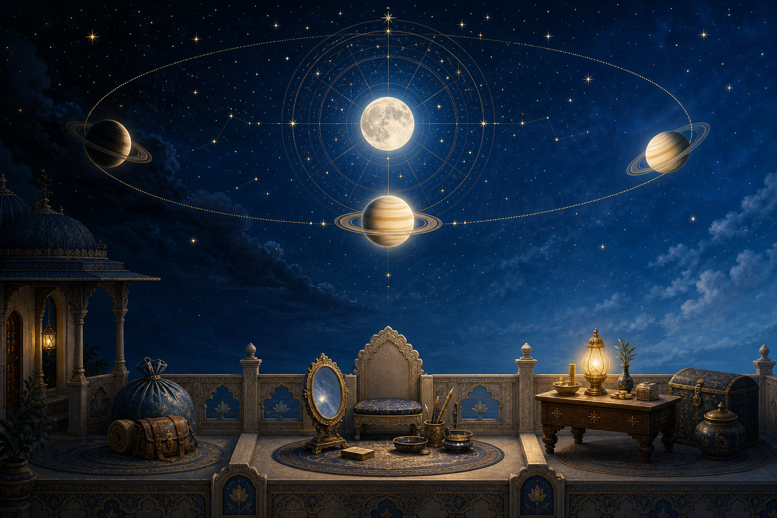 The Moon and Saturn appear along a three-stage celestial path above terraces containing a home, work tools, and organized household resources.