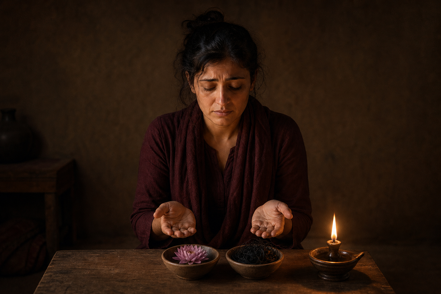 A person prays with open hands beside a flower, a tangled thread, and a softly glowing oil lamp.
