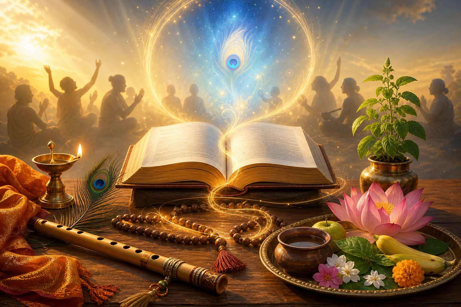 Open sacred scripture on a Vaishnava altar with flute, peacock feather, tulsi, lotus, oil lamp, prayer beads, and offerings.