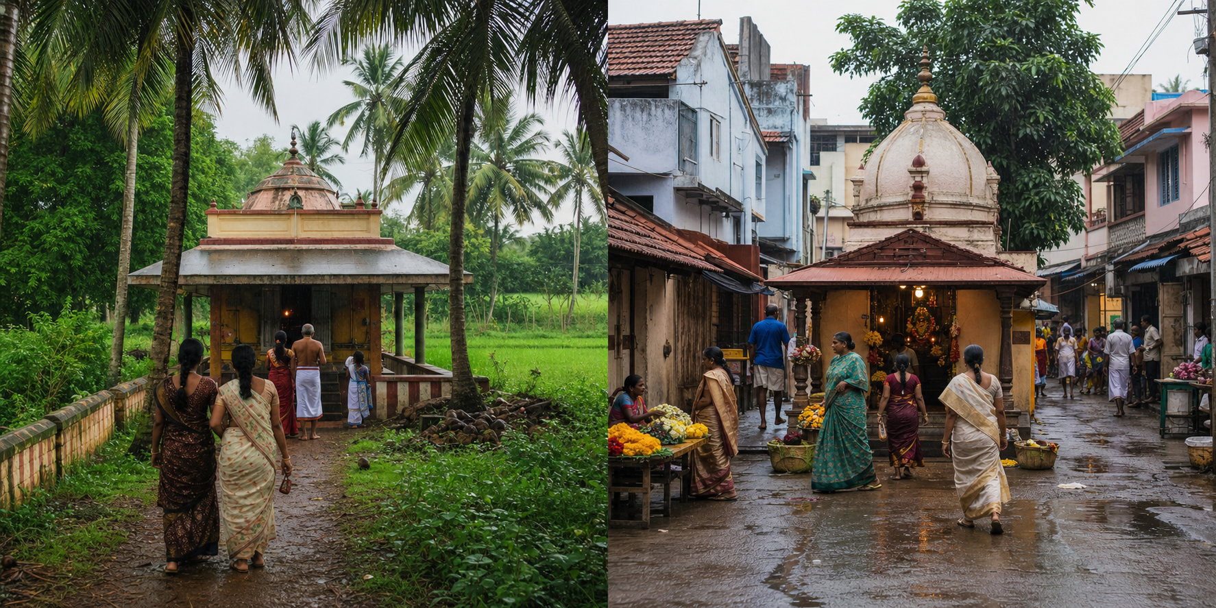 A paired landscape contrasts a palm-lined rural temple near Thazhakudy with a compact shrine on a busy residential street in Mylapore.