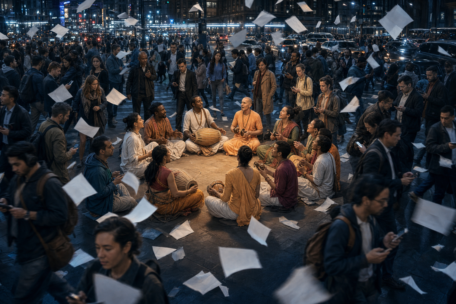 A chanting circle with drums and cymbals remains calm at the center of a crowded city square filled with traffic and distracted pedestrians.