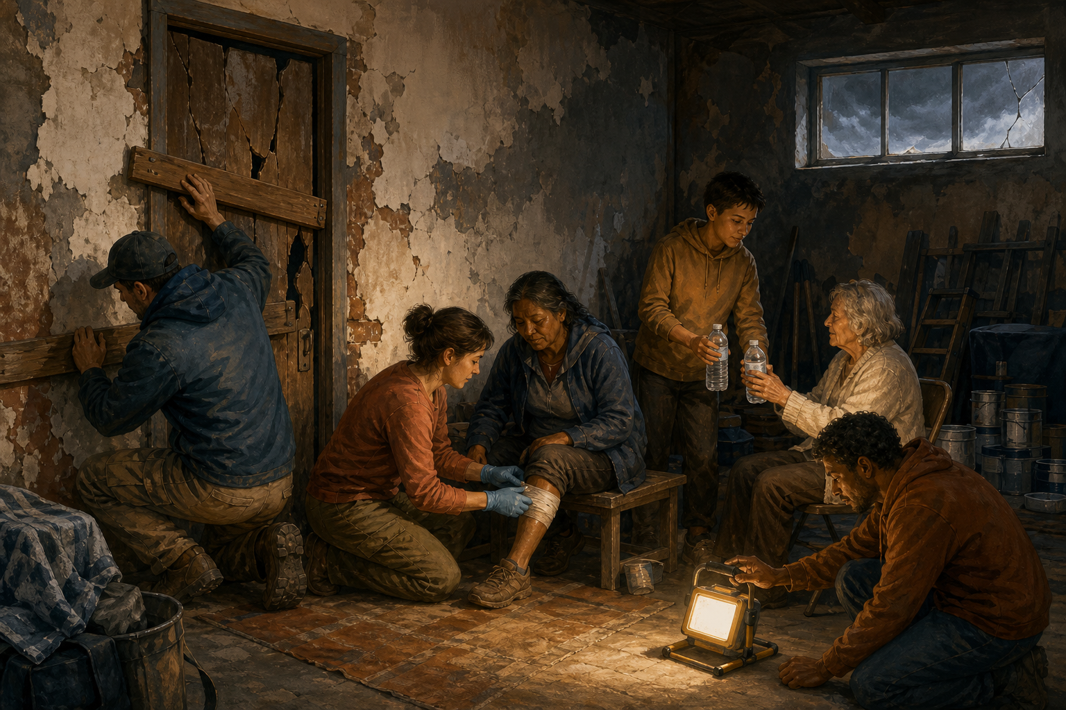 A team secures a damaged shelter, gives first aid, distributes water, and checks a light before beginning reconstruction.