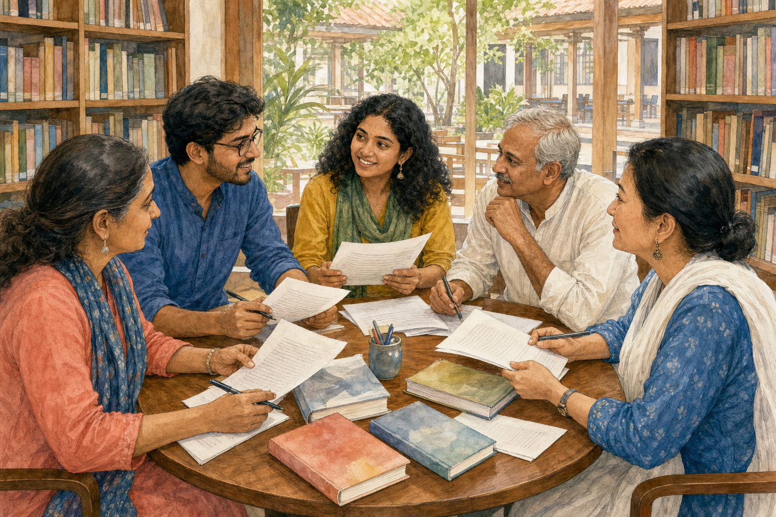 Five editors and language readers review printed drafts together around a circular table in a library.
