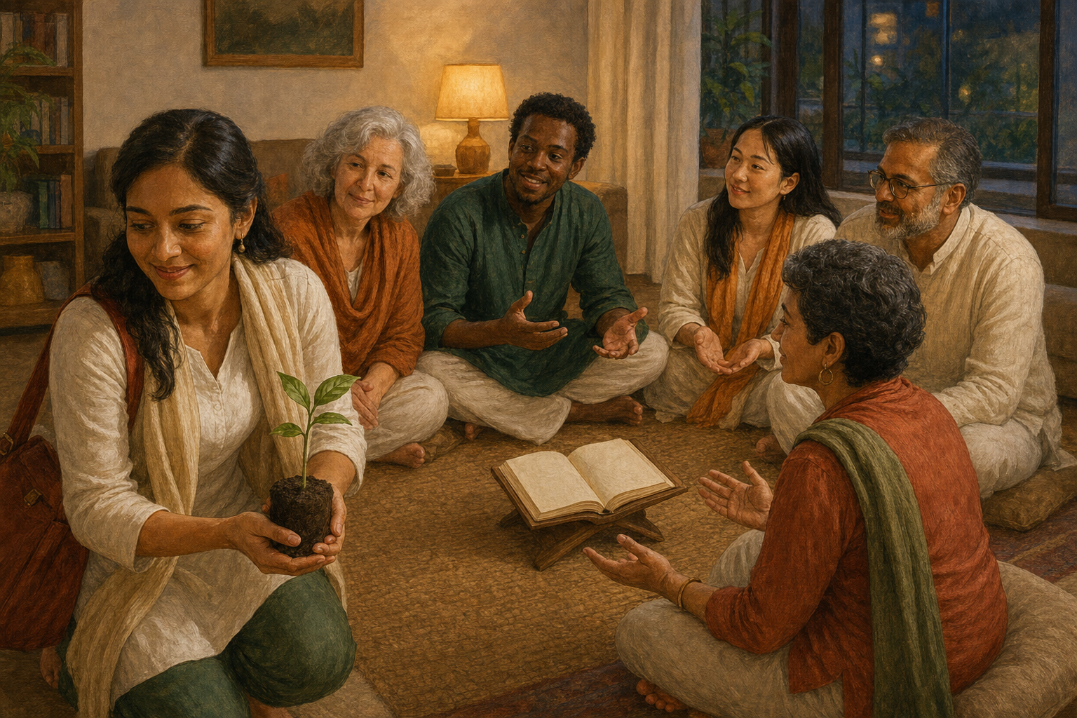 An intergenerational group shares a spiritual discussion in a circle while one participant holds a seedling to carry outside.