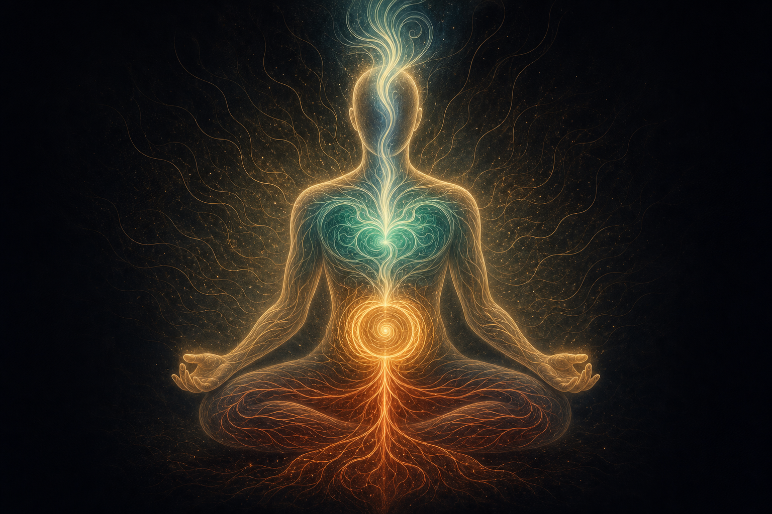 A seated human figure contains five differently directed luminous currents across the chest, abdomen, head, and limbs.