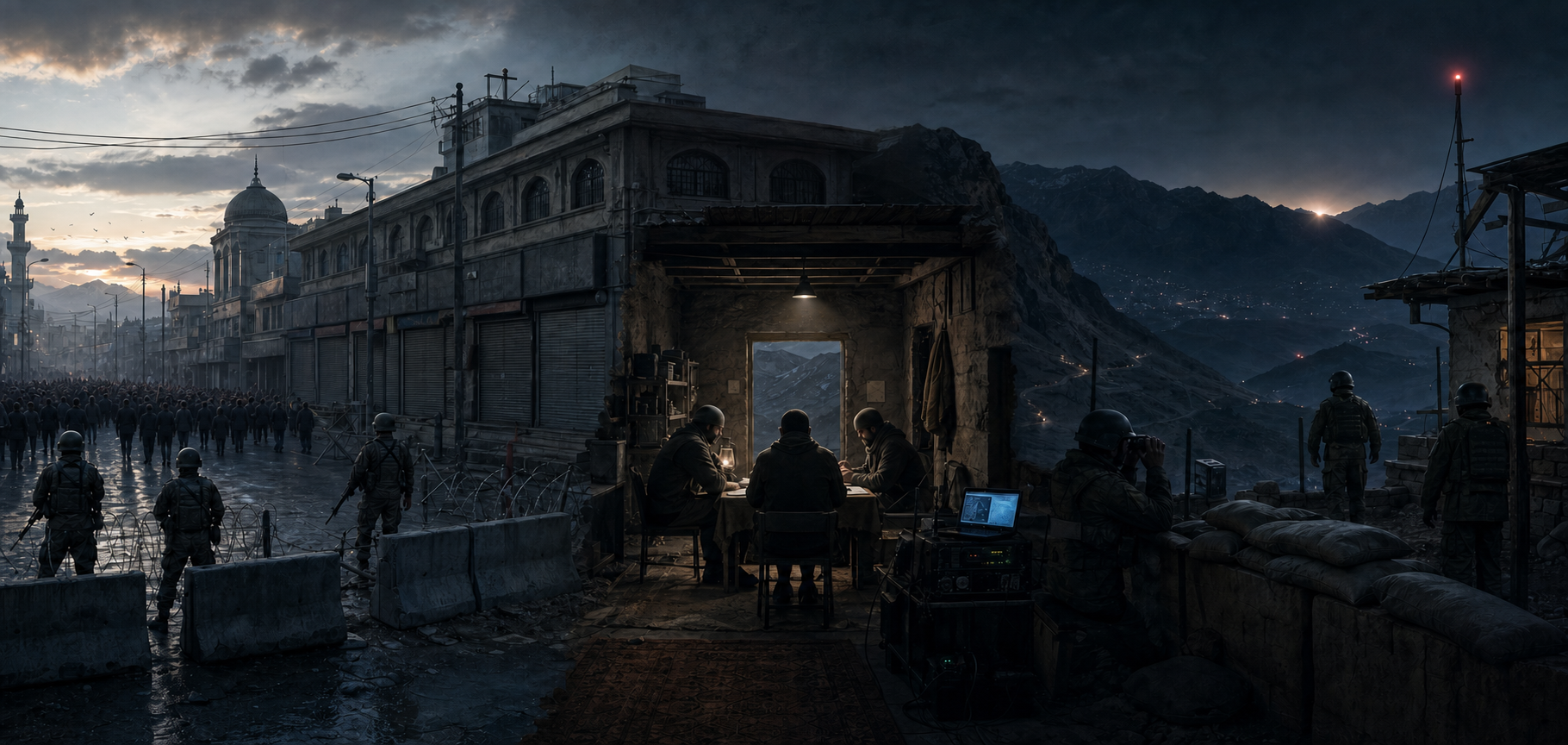 Panoramic illustration linking urban unrest, a covert frontier meeting, and heightened vigilance at an Indian security post without showing a confirmed causal connection.