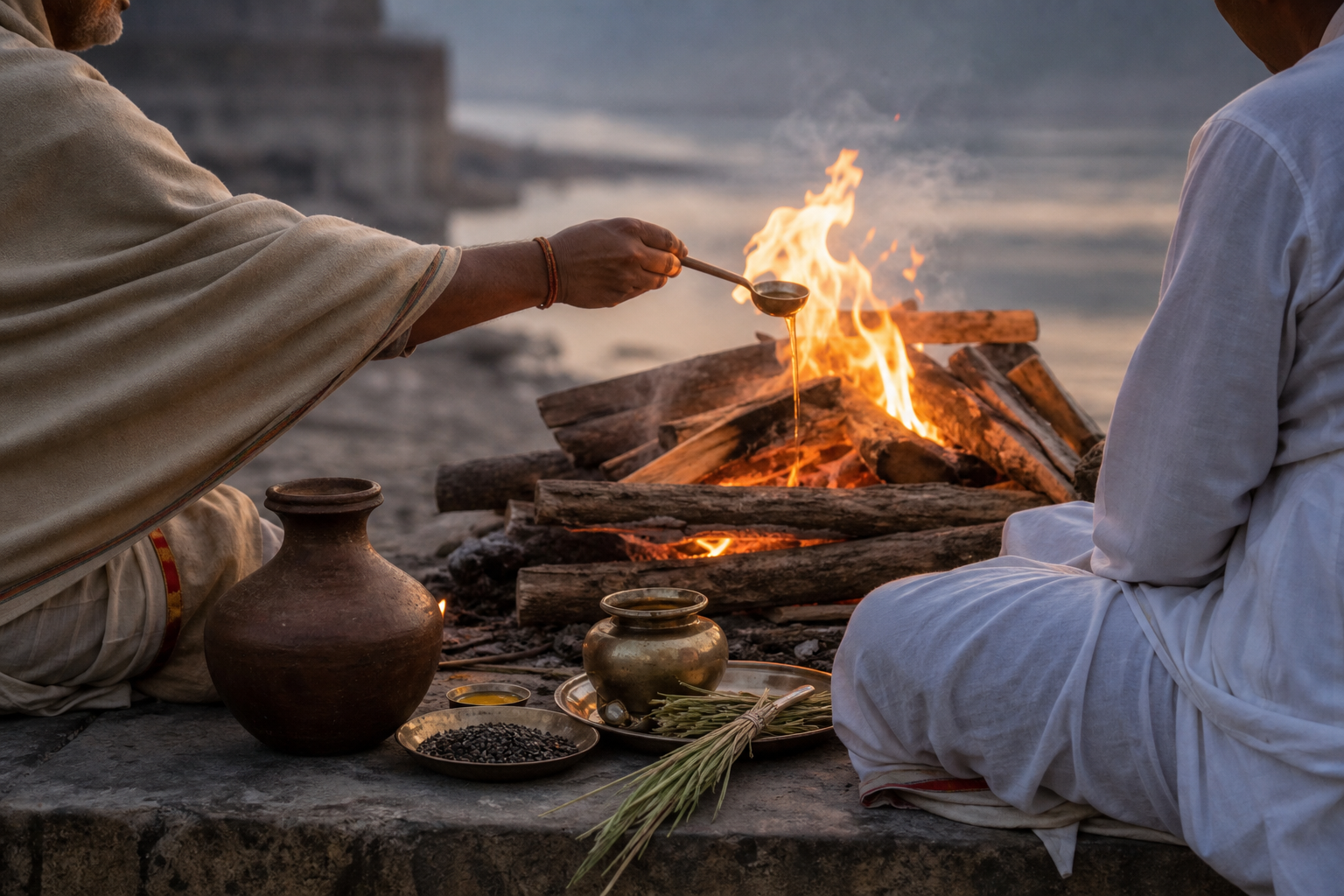 A mourner and ritual officiant offer ghee to a cremation fire beside simple ritual vessels.