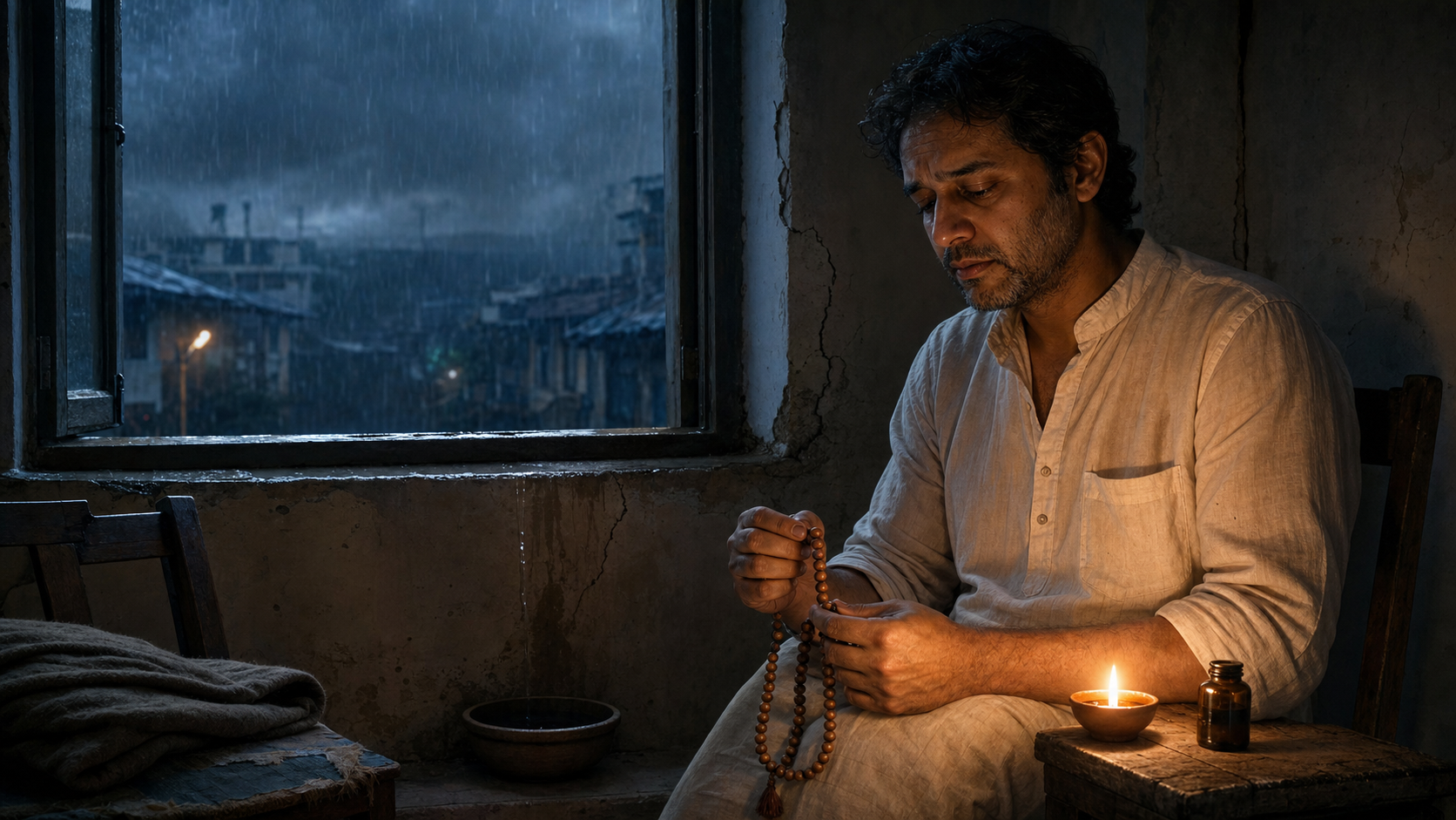 A tired devotee chants on wooden prayer beads beside a window during a monsoon storm in a modest leaking room.