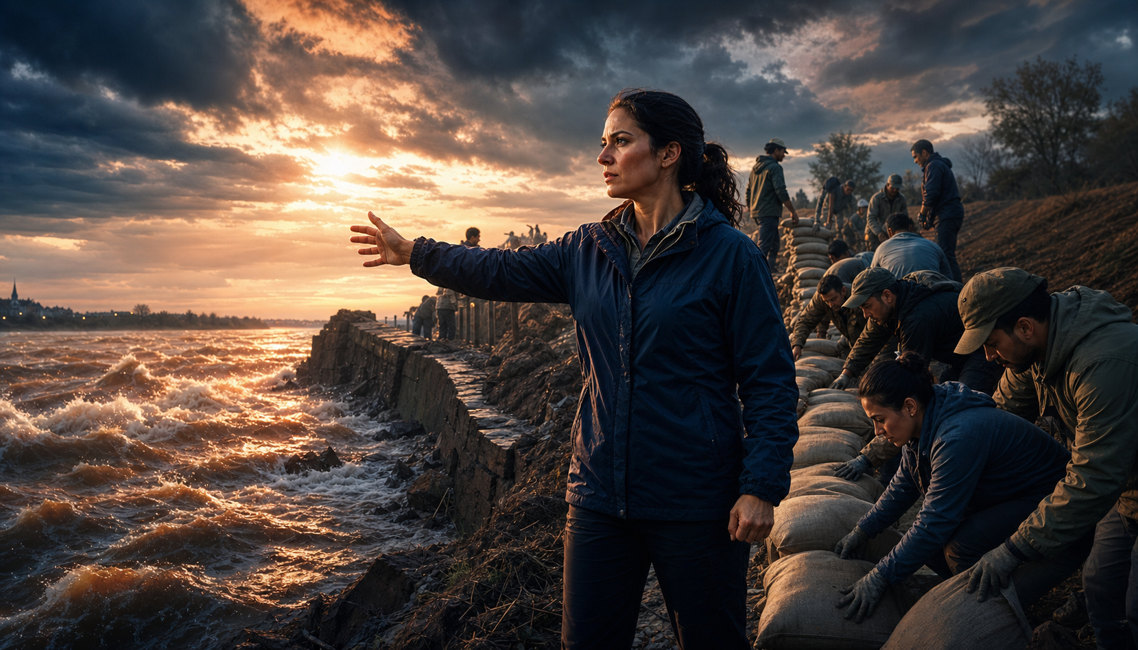 A leader studies a breached embankment and calmly directs volunteers arranging sandbags as turbulent water rushes through the gap.