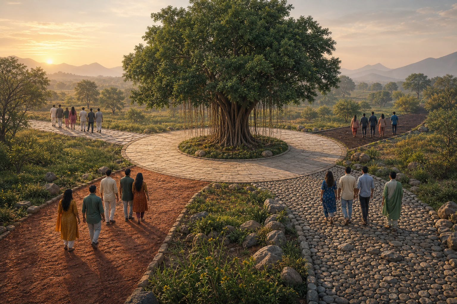 Four distinct paths lead groups of people toward a circular courtyard surrounding a banyan tree at dawn.