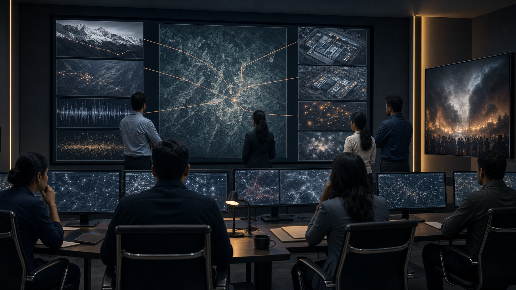 Indian analysts compare satellite imagery, border activity, communications patterns, and unrest across multiple displays in a secure operations room.