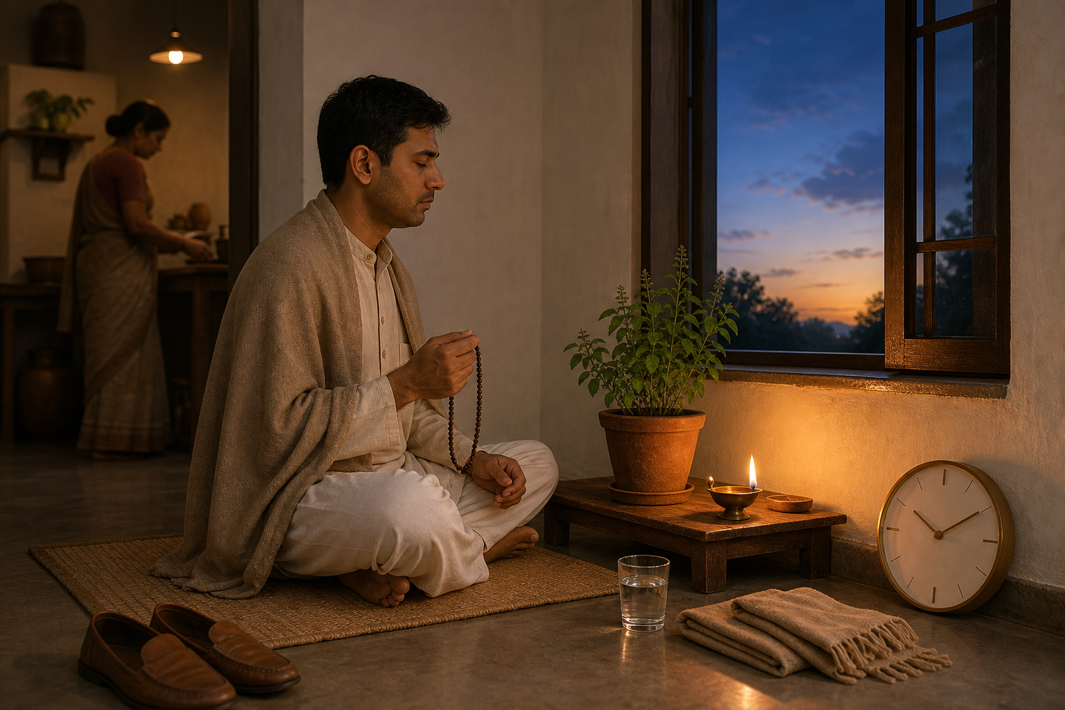 A person chants on prayer beads beside a tulsi plant and oil lamp in a quiet home before sunrise.