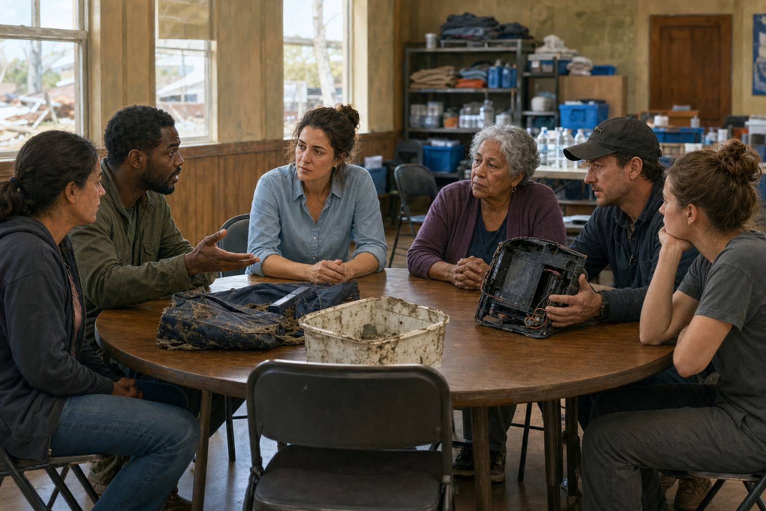 A crisis coordinator listens to residents and volunteers around a circular table as they review damaged supplies and recovery work.