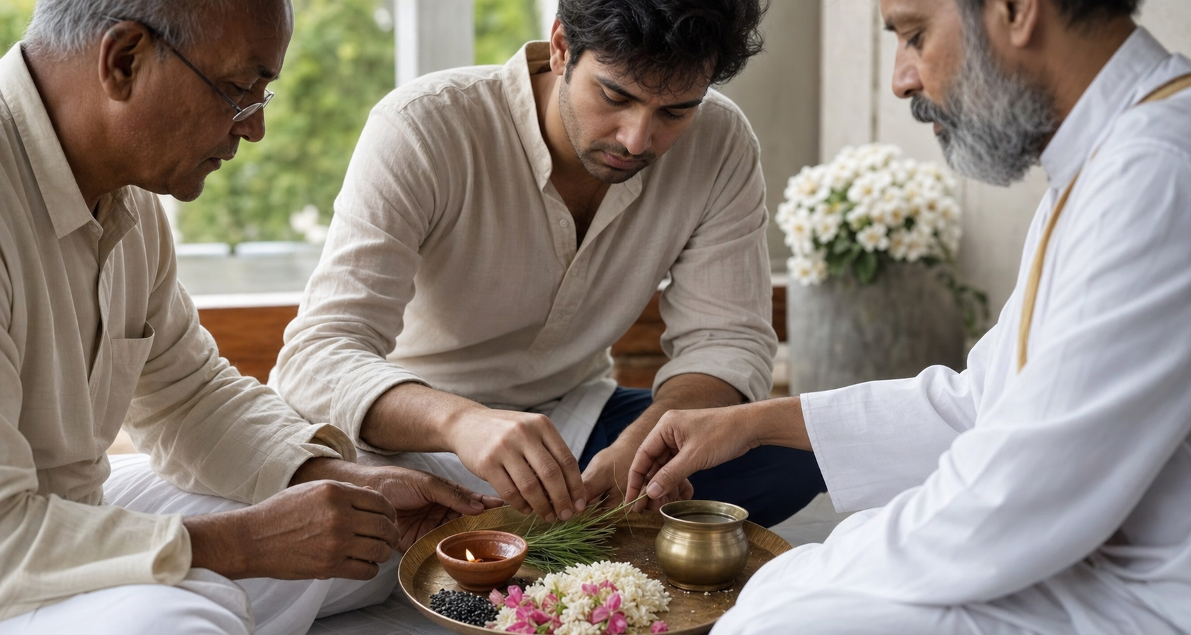 An elder and a ritual specialist guide a mourner in arranging flowers, sesame seeds, grass, a lamp, and water.