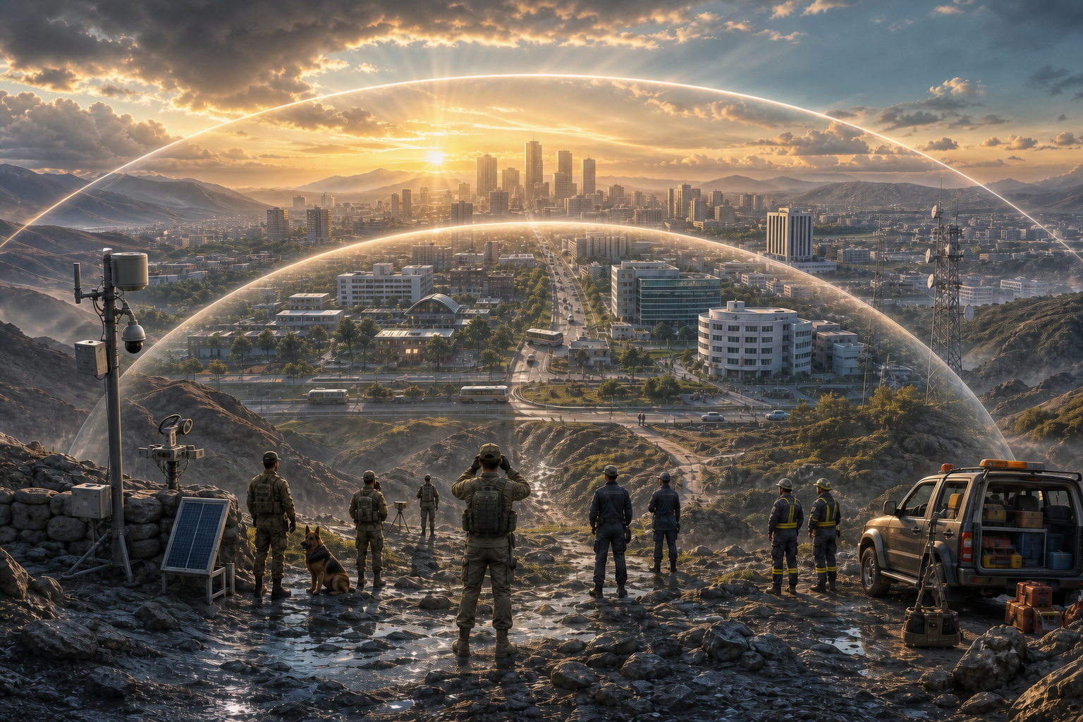 Layered security arcs connect an alert Indian frontier with emergency services, infrastructure, and calm civilian life in a protected city.