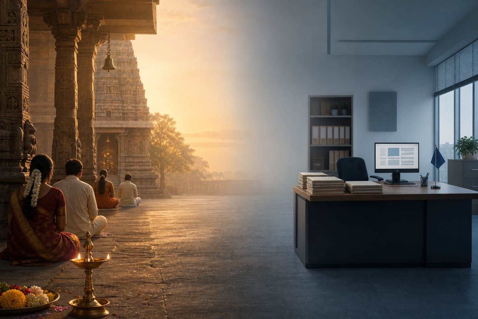 A Hindu temple courtyard with worshippers and offerings is visually separated from an empty American government office where visa files await review.