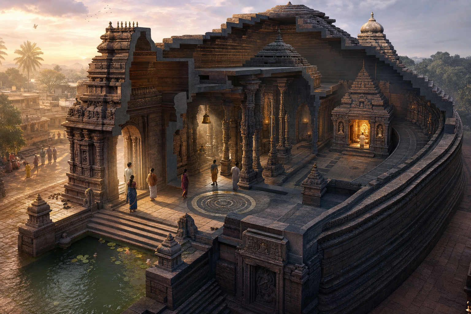 Cutaway view of a stone temple complex with visitors moving from a bright entrance through pillared halls toward a luminous inner sanctum.