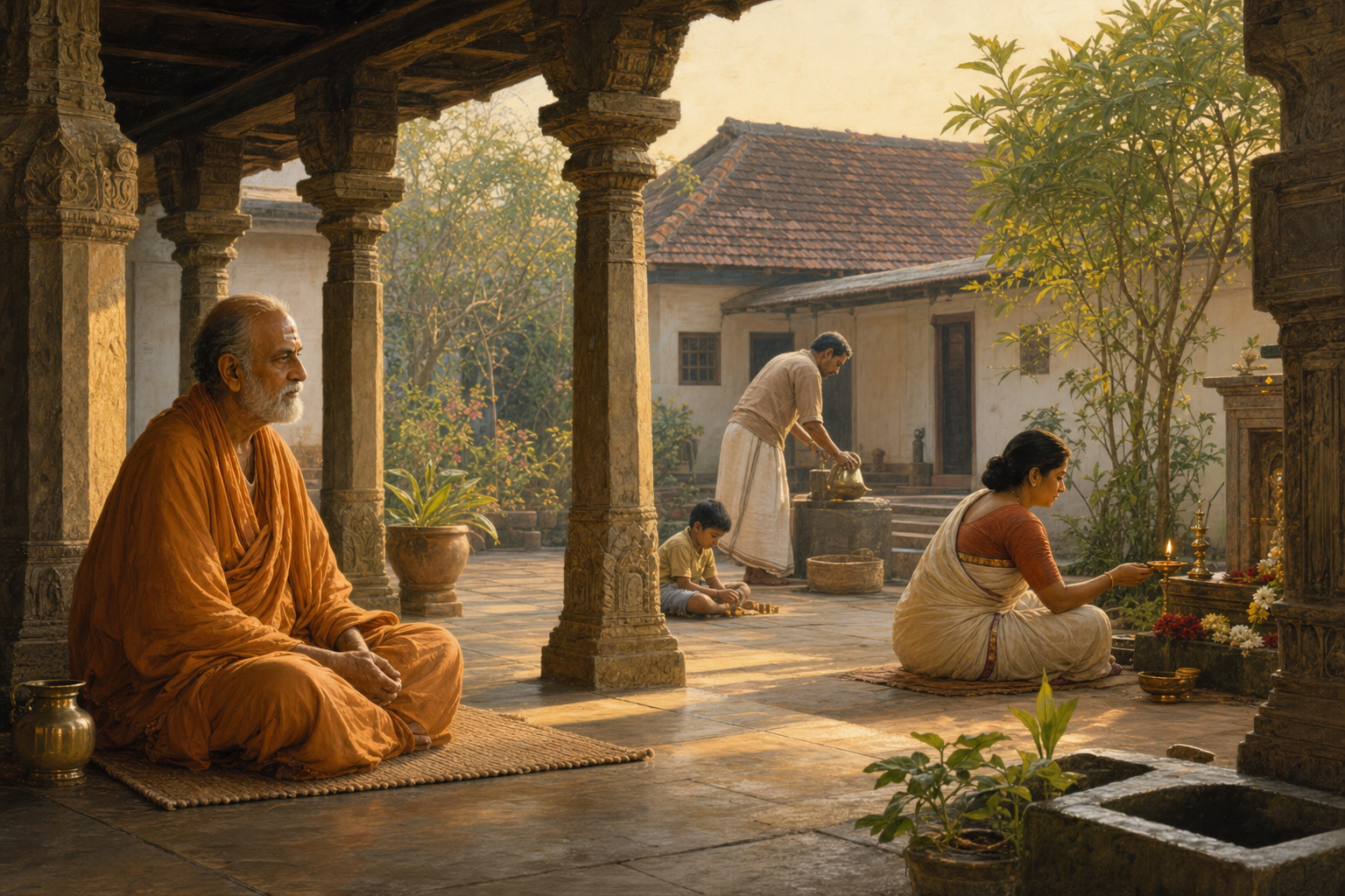 An elderly Hindu monk sits in a temple colonnade overlooking a householder engaged in worship, family care, and daily work.