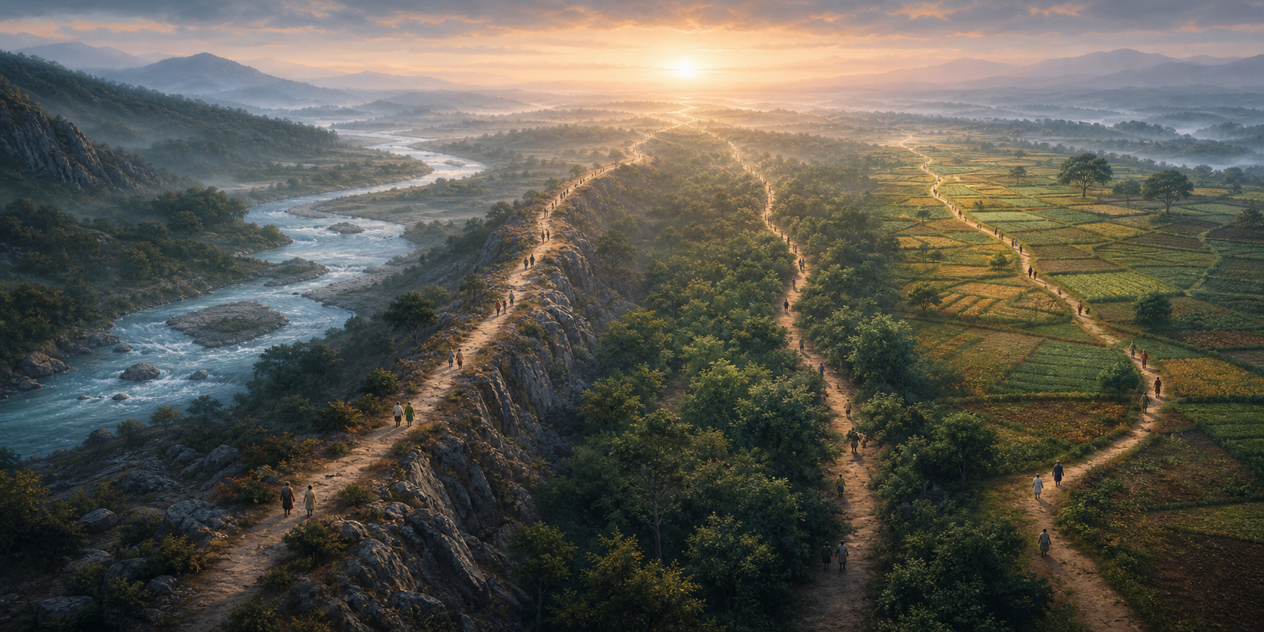 Four separate routes cross a river valley, rocky ridge, forest and fields toward the same bright horizon.