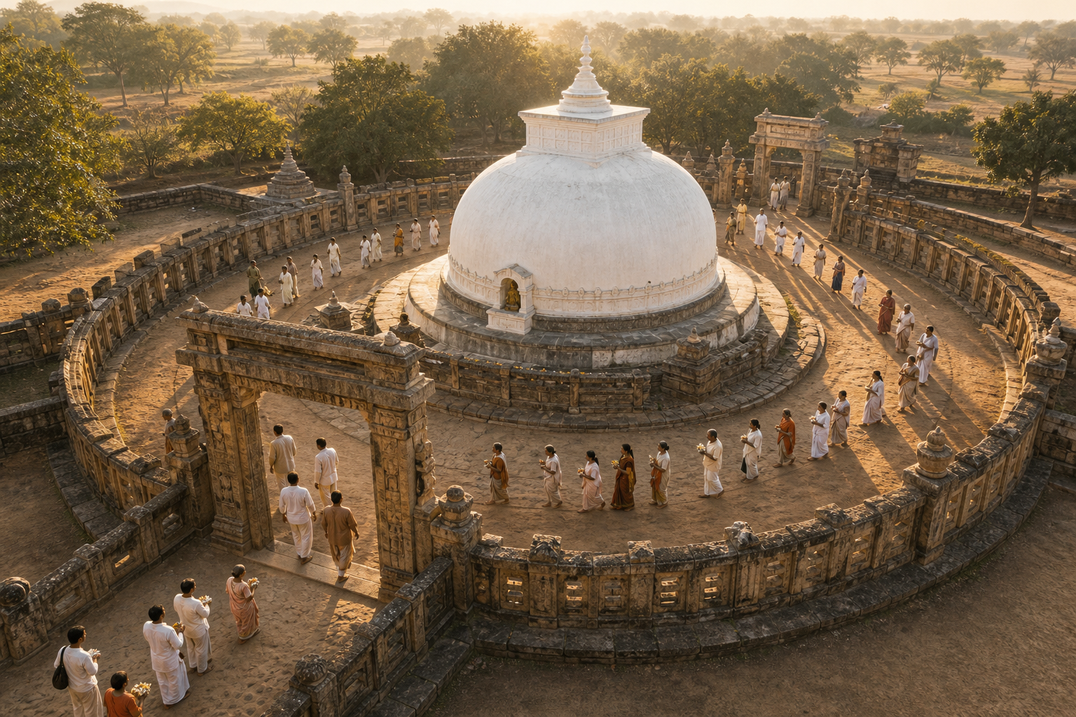 Worshippers walk clockwise along a circular stone path around a white stupa after entering through a carved gateway.