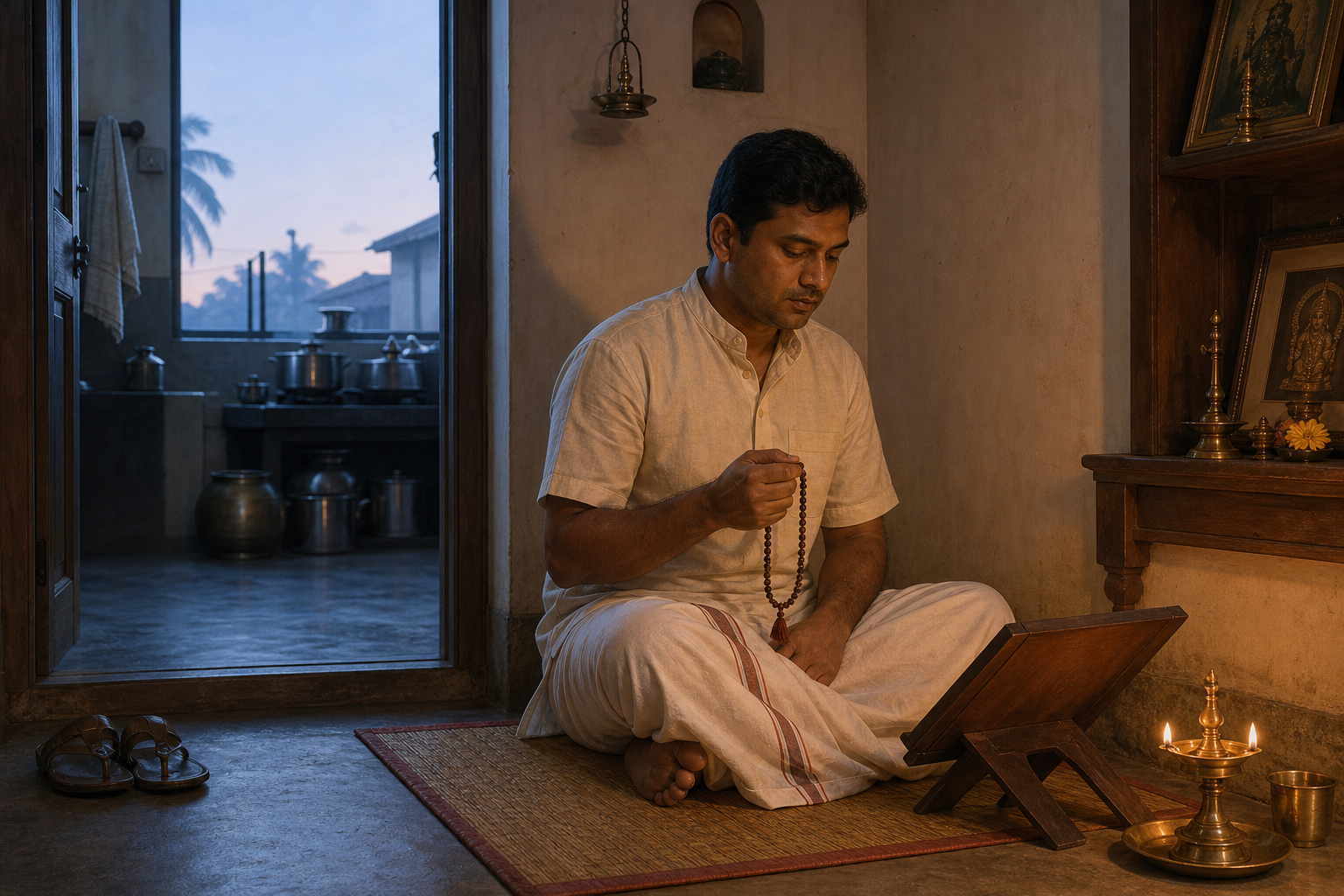 A householder sits on a floor mat beside prayer beads and an oil lamp in a quiet home before dawn.