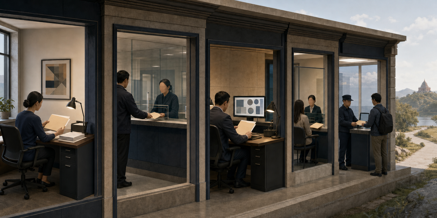 A blank visa petition folder moves through separate employer, government review, consular and border inspection settings.