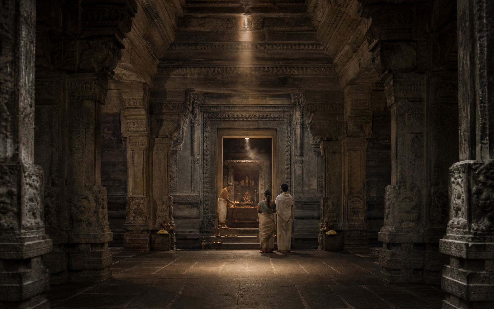 A priest and two devotees stand near a small inner shrine framed by symmetrical stone columns, square floor patterns and warm lamplight.