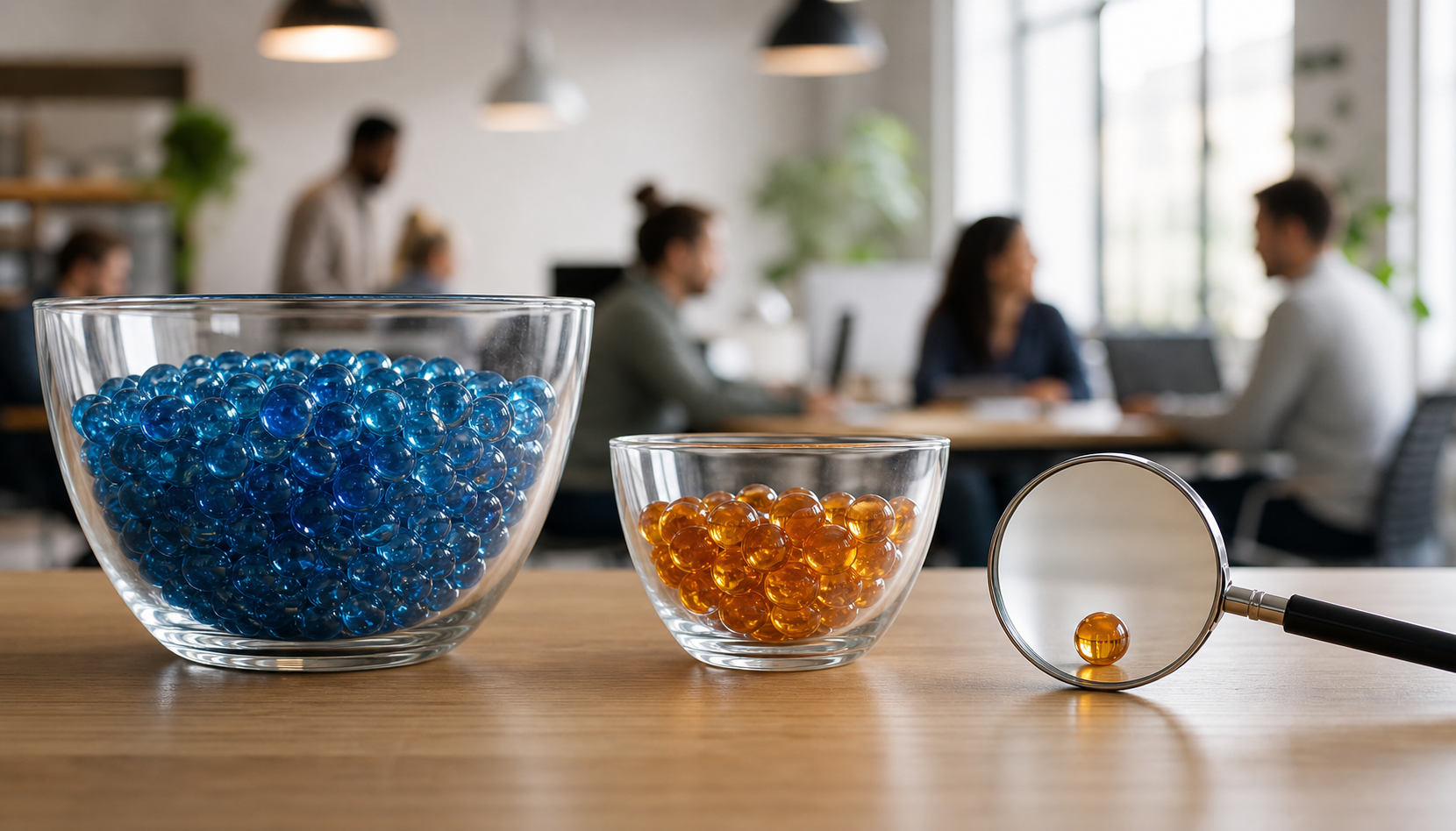 Two bowls contain different quantities of glass beads while a magnifying glass examines one bead individually.