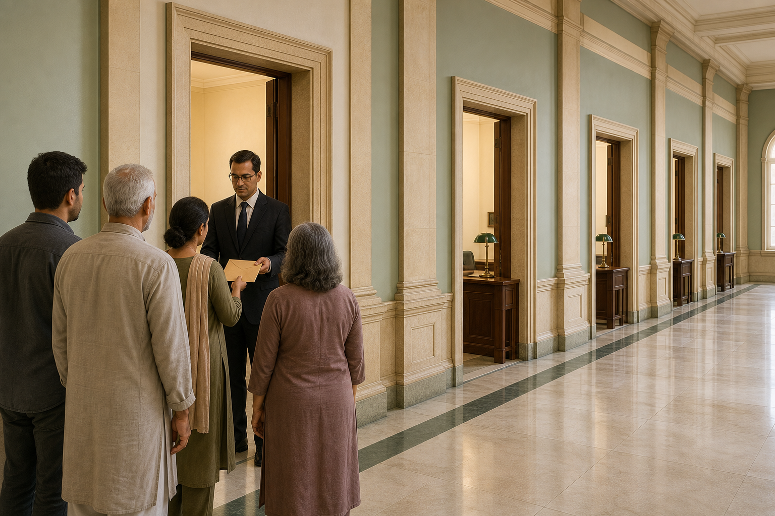 Petitioners hand a sealed envelope to an official at the first doorway in a long government review corridor.
