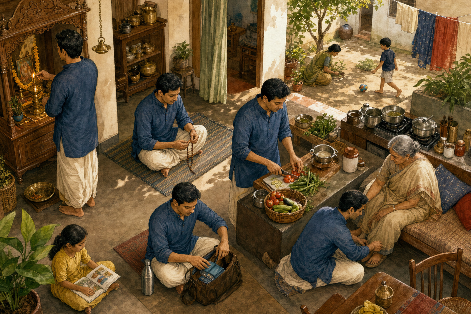 A householder prays, prepares food, assists an older relative, and readies the family for the day in a multigenerational home.