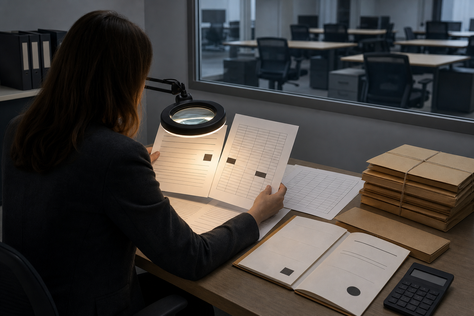 A compliance reviewer examines anonymized payroll, time and contract documents under a magnifying lamp in an office.