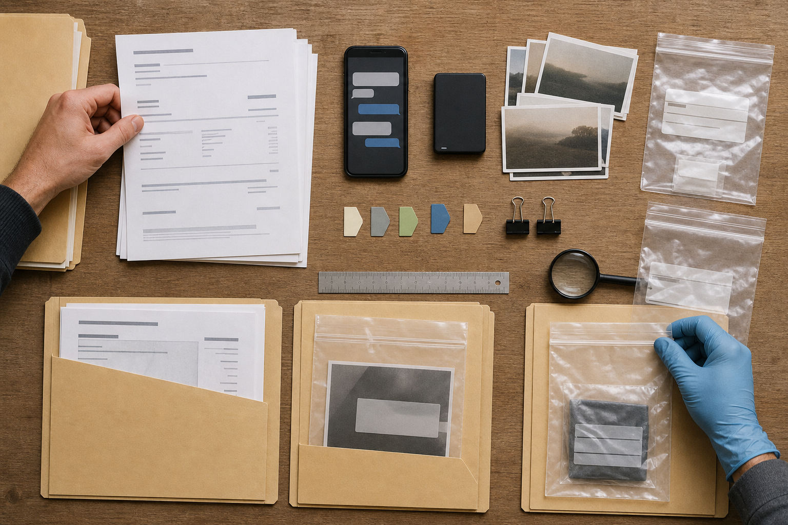 Hands organize generic records, a phone, a storage drive, and sealed evidence sleeves into a structured case packet.