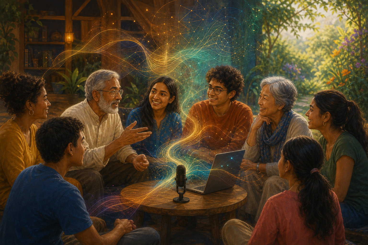 An intergenerational group gathers around a microphone and laptop as abstract sound waves and data patterns connect their voices.