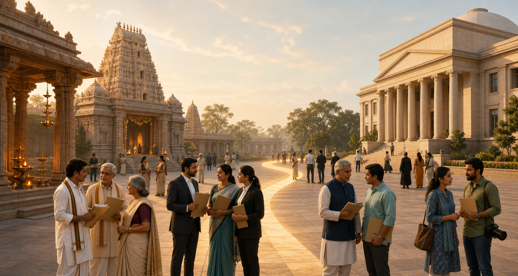 Trustees, devotees, legal advisers, journalists, and citizens gather peacefully in a plaza between a Dharmic temple complex and an abstract courthouse.